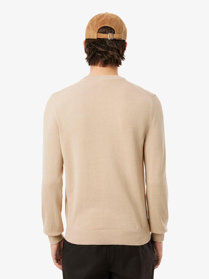 LACOSTE Monochrome Crew Neck Cotton Sweater Beige - MAISONDEFASHION.COM