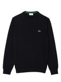 LACOSTE black monochrome crew neck cotton sweater front view featuring classic fit and iconic crocodile logo