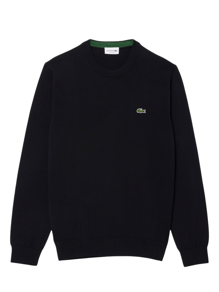 LACOSTE black monochrome crew neck cotton sweater front view featuring classic fit and iconic crocodile logo