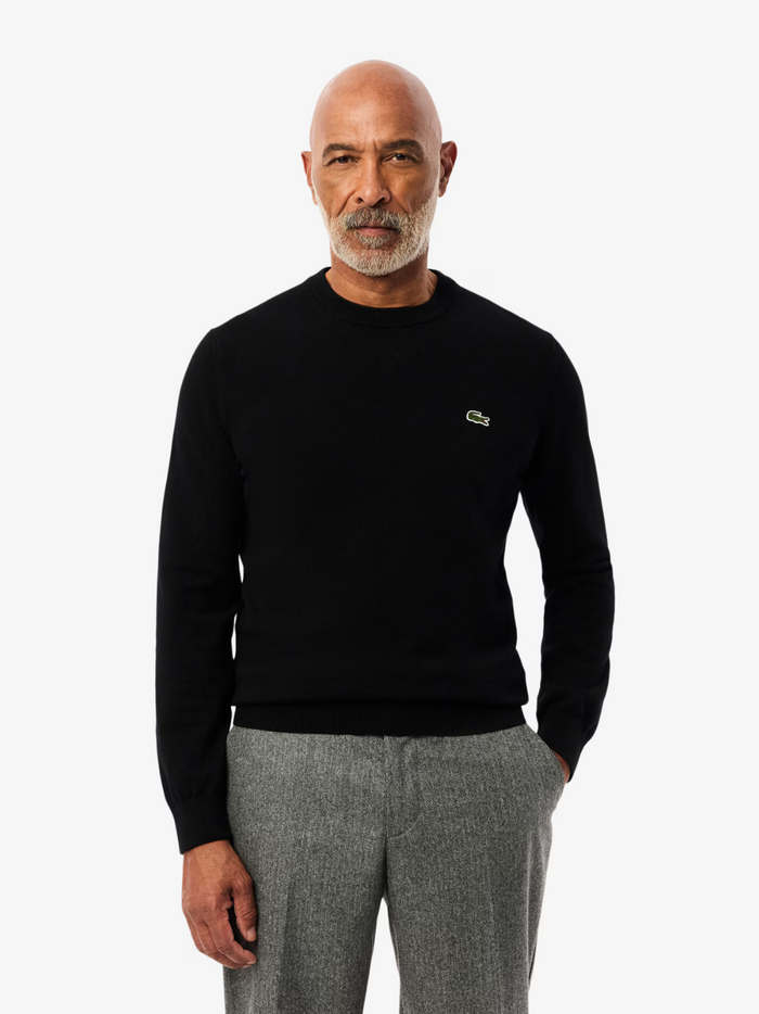 LACOSTE black crew neck cotton sweater back view showing clean monochrome design and premium fabric construction