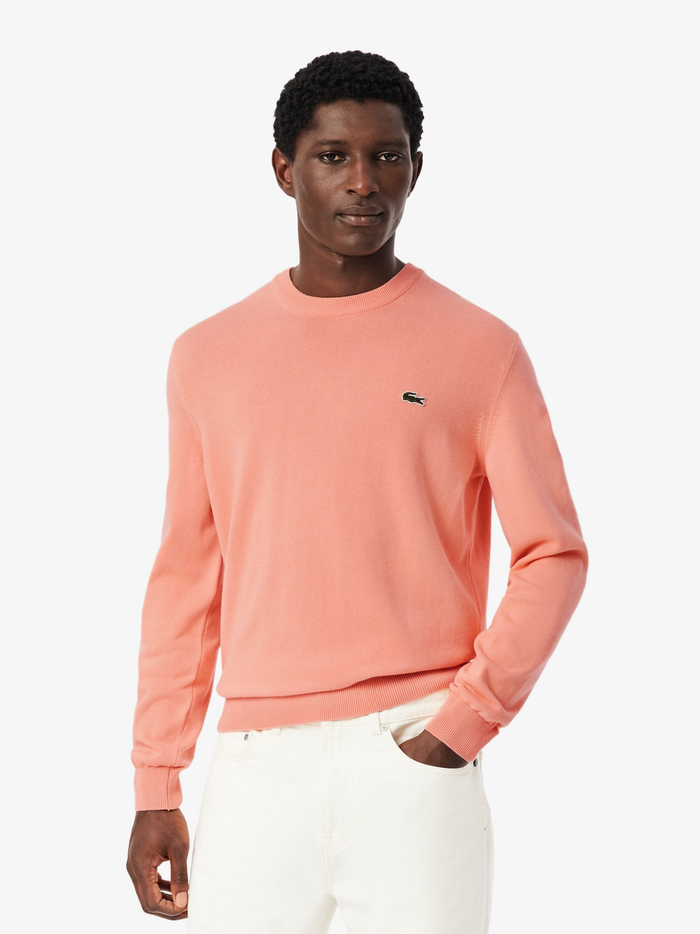 LACOSTE Monochrome Crew Neck Cotton Sweater Coral Pink - MAISONDEFASHION.COM
