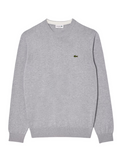 LACOSTE Monochrome Crew Neck Cotton Sweater in Grey - Front view showing classic crew neckline and iconic crocodile logo