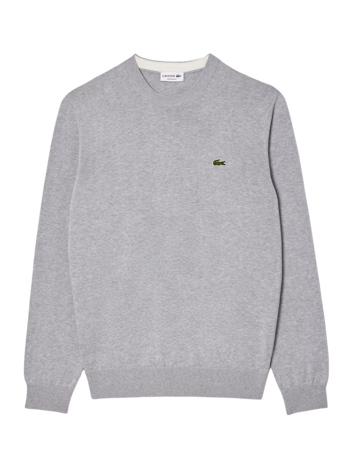 LACOSTE Monochrome Crew Neck Cotton Sweater in Grey - Front view showing classic crew neckline and iconic crocodile logo