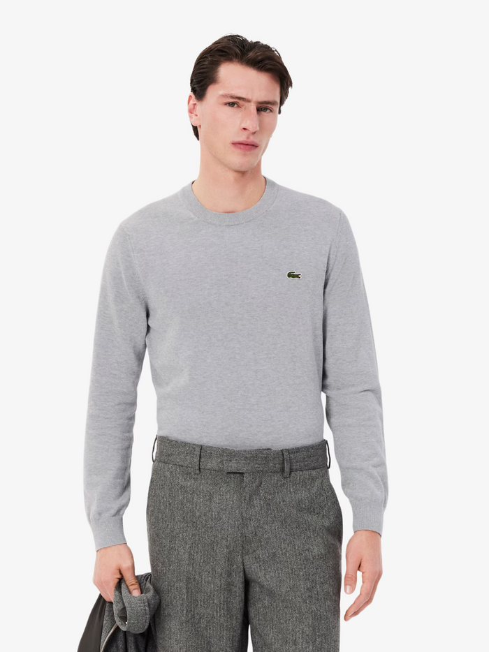 LACOSTE Grey Cotton Sweater - Back view displaying clean monochrome design and premium knit texture