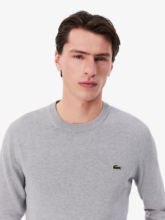 LACOSTE Cotton Sweater in Grey - Close-up detail of embroidered crocodile logo and crew neck collar