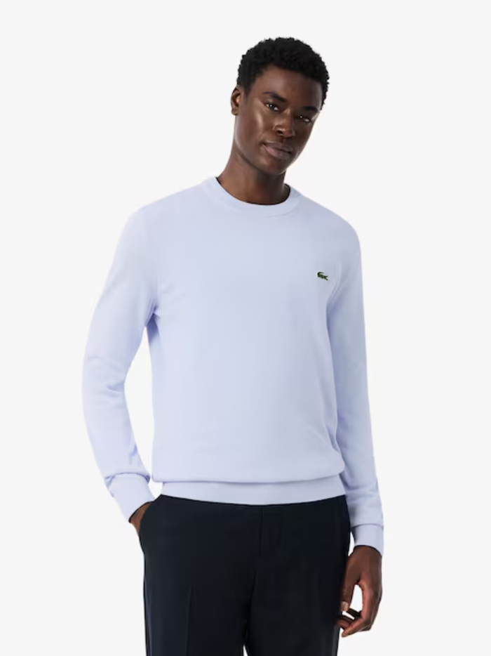 LACOSTE Monochrome Crew Neck Cotton Sweater Light Blue - MAISONDEFASHION.COM