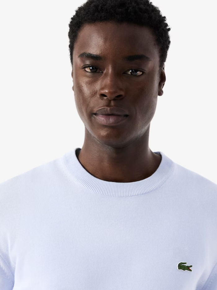 LACOSTE Monochrome Crew Neck Cotton Sweater Light Blue - MAISONDEFASHION.COM