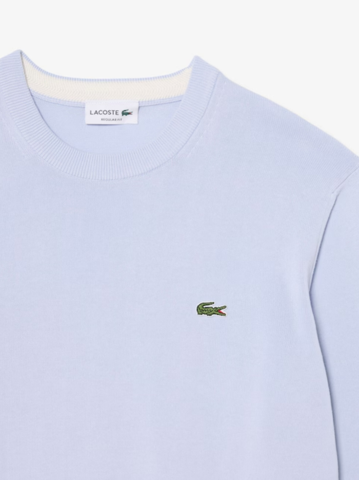 LACOSTE Monochrome Crew Neck Cotton Sweater Light Blue - MAISONDEFASHION.COM