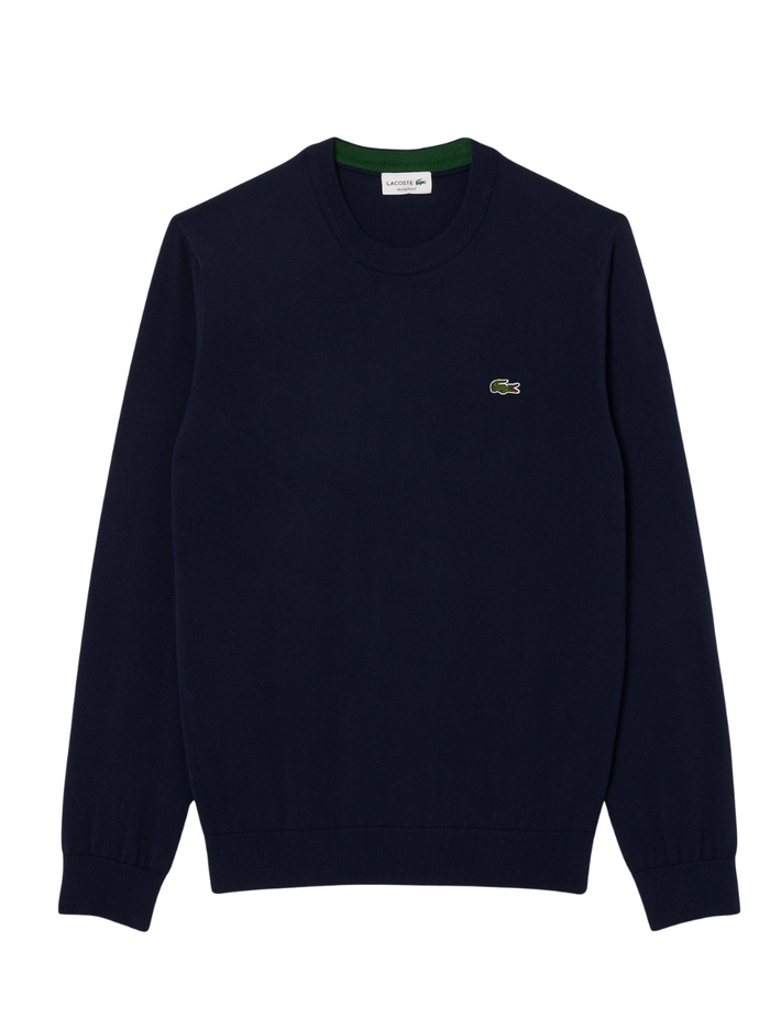 LACOSTE midnight blue monochrome crew neck cotton sweater front view featuring classic fit and iconic crocodile logo