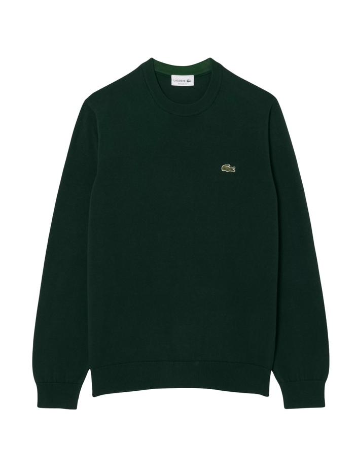 LACOSTE Monochrome Crew Neck Cotton Sweater Sinople Green - MAISONDEFASHION.COM