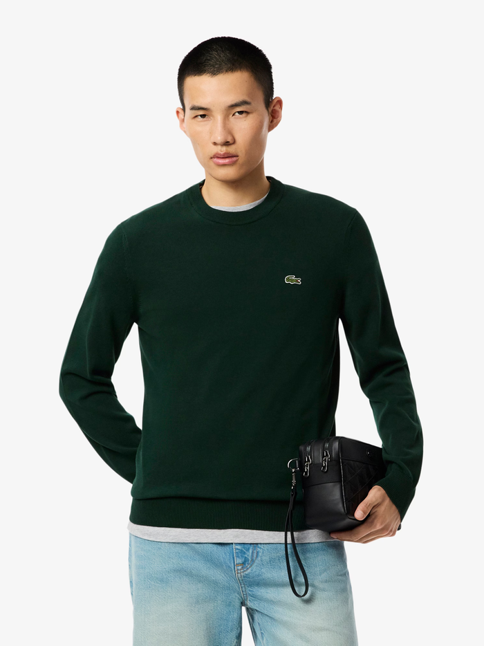LACOSTE Monochrome Crew Neck Cotton Sweater Sinople Green - MAISONDEFASHION.COM