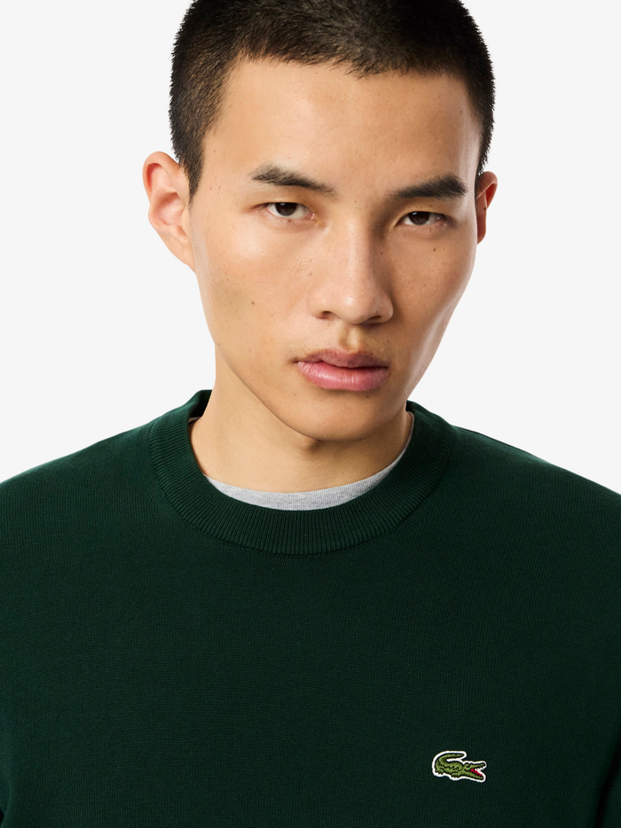 LACOSTE Monochrome Crew Neck Cotton Sweater Sinople Green - MAISONDEFASHION.COM