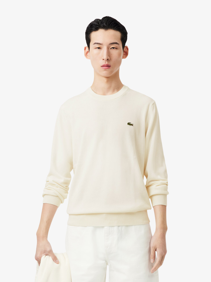 LACOSTE Monochrome Crew Neck Cotton Sweater White - MAISONDEFASHION.COM