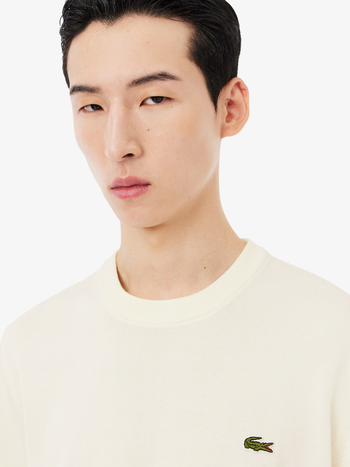 LACOSTE Monochrome Crew Neck Cotton Sweater White - MAISONDEFASHION.COM