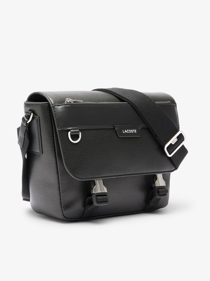 LACOSTE Ossian Flap Close Leather Satchel Black - MAISONDEFASHION.COM