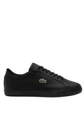 LACOSTE Powercourt men's black leather sneakers with white contrast sole and signature green crocodile logo, side view