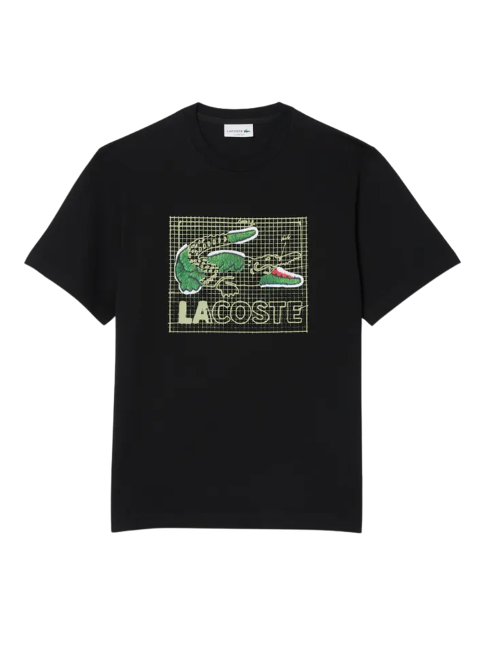 LACOSTE Printed Cotton T-Shirt Black - MAISONDEFASHION.COM