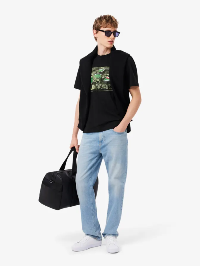 LACOSTE Printed Cotton T-Shirt Black - MAISONDEFASHION.COM