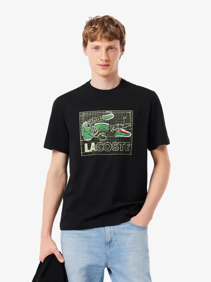 LACOSTE Printed Cotton T-Shirt Black - MAISONDEFASHION.COM
