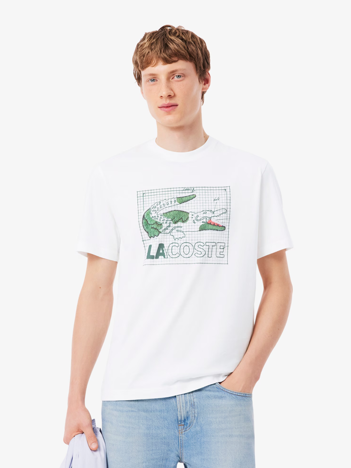 LACOSTE Printed Cotton T-shirt White - MAISONDEFASHION.COM