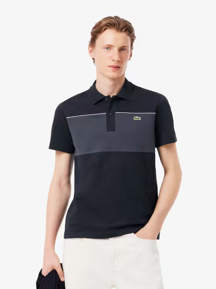 LACOSTE Regular Fit Colour-Block Piqué Polo Shirt Black - MAISONDEFASHION.COM