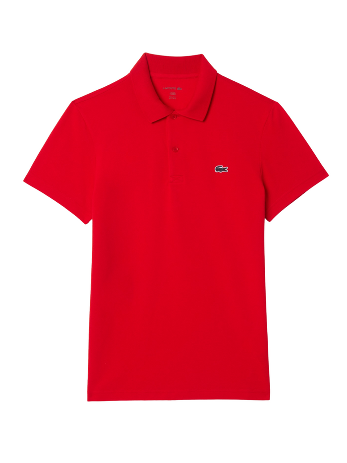 LACOSTE regular fit cotton blend polo shirt in red - front view showing classic polo design with iconic crocodile logo