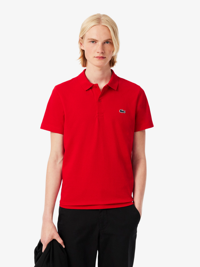 LACOSTE regular fit cotton blend polo shirt in red - side view displaying the shirt's comfortable regular fit and silhouette
