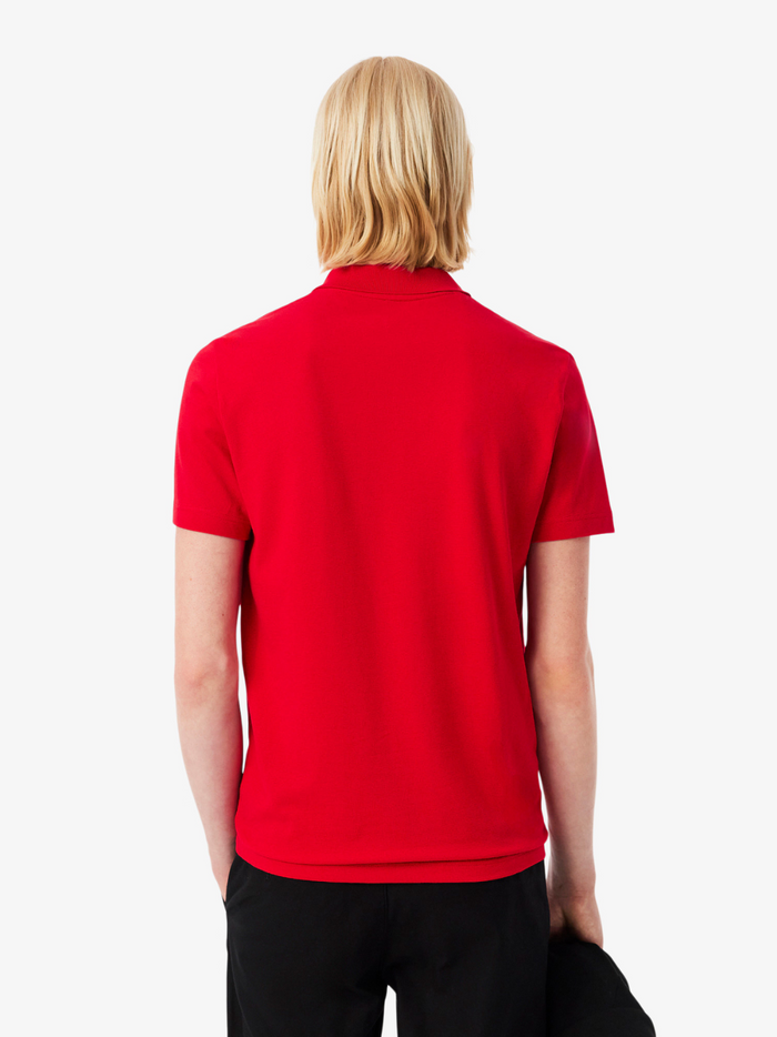 LACOSTE regular fit cotton blend polo shirt in red - close-up of fabric texture showing premium cotton blend quality