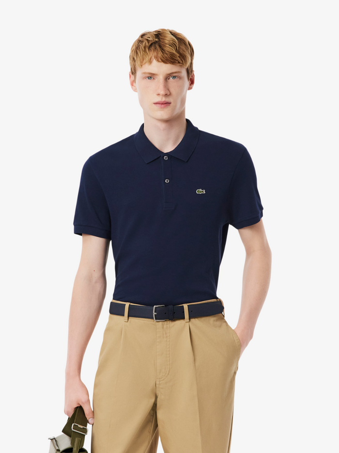 LACOSTE Regular Fit Cotton Pima Polo Shirt in midnight blue - back view displaying the shirt's tailored regular fit and premium Pima cotton fabric