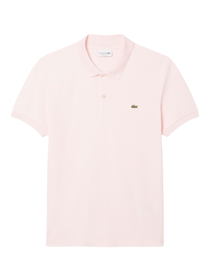 LACOSTE Regular Fit Cotton Pima Polo Shirt in Pale Pink - Front view showing classic polo design with signature crocodile logo