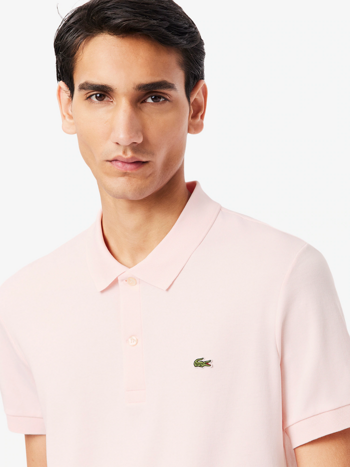 LACOSTE Pale Pink Polo Shirt - Close-up detail of collar and button placket showing quality construction and craftsmanship