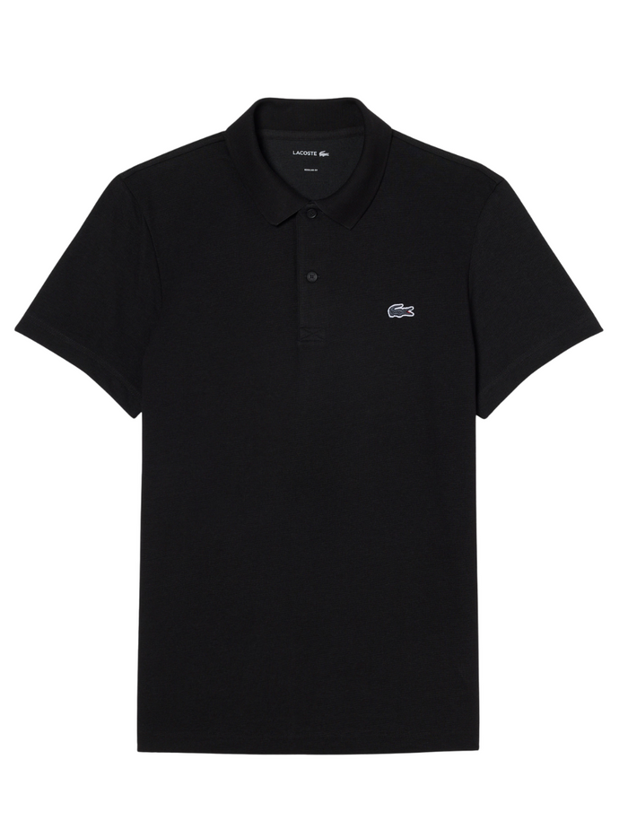 LACOSTE Regular Fit Cotton Polyester Blend Polo Shirt in Black - Front view showing classic polo design with signature crocodile logo