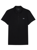 LACOSTE Regular Fit Cotton Polyester Blend Polo Shirt in Black - Front view showing classic polo design with signature crocodile logo