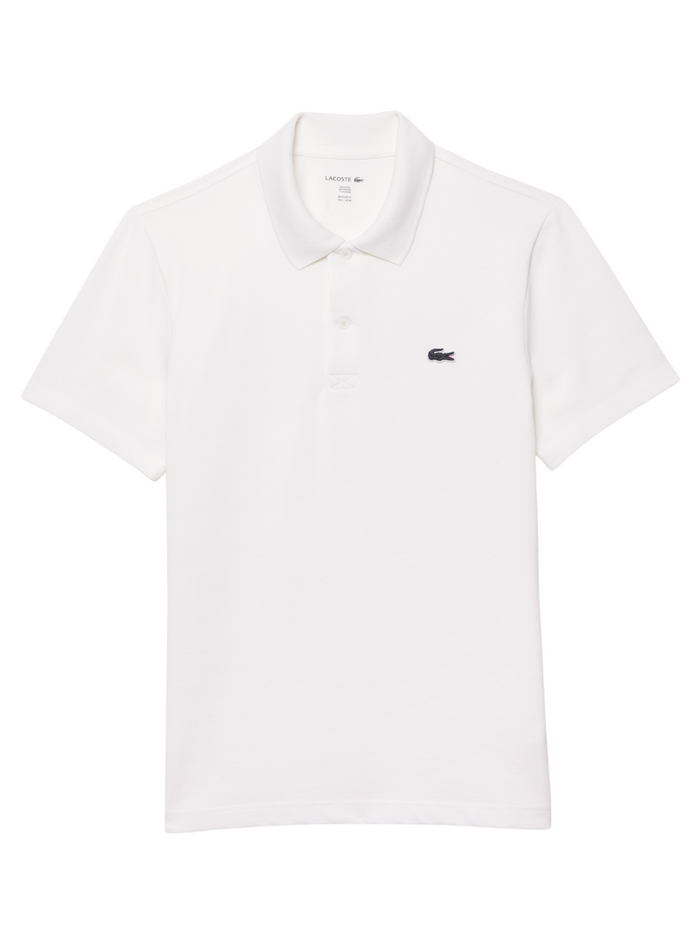 LACOSTE Regular Fit Cotton Polyester Blend Polo Shirt in White - Front view showing classic polo design with signature crocodile logo