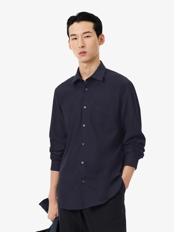 LACOSTE Regular Fit Cotton Poplin Shirt Navy Blue - MAISONDEFASHION.COM