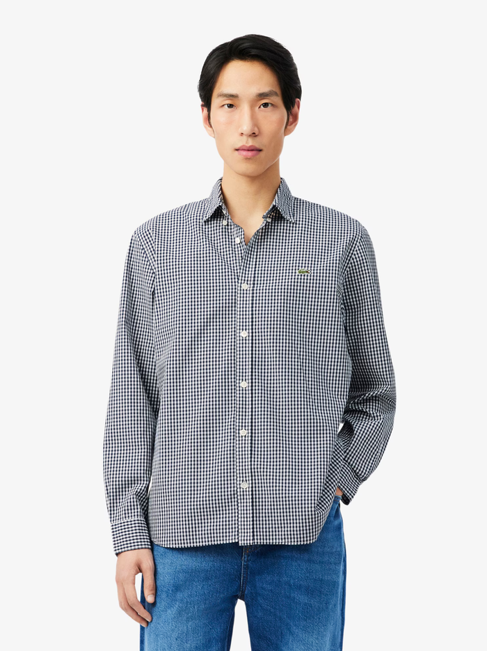 LACOSTE Regular Fit Lightweight Poplin Plaid Shirt White/Blue - MAISONDEFASHION.COM