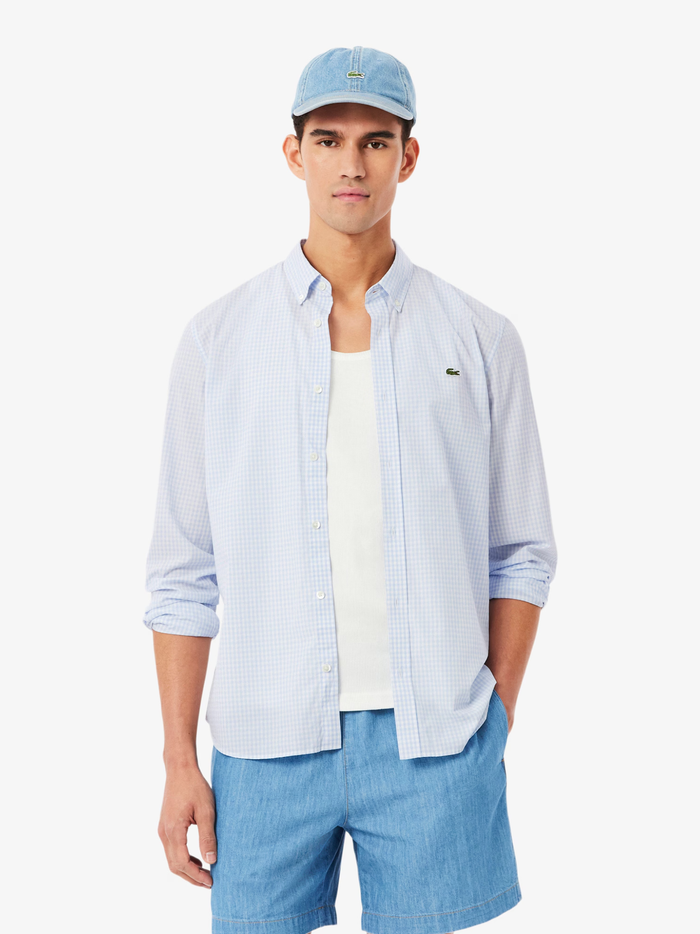 LACOSTE Regular Fit Lightweight Poplin Plaid Shirt White/Light Blue - MAISONDEFASHION.COM