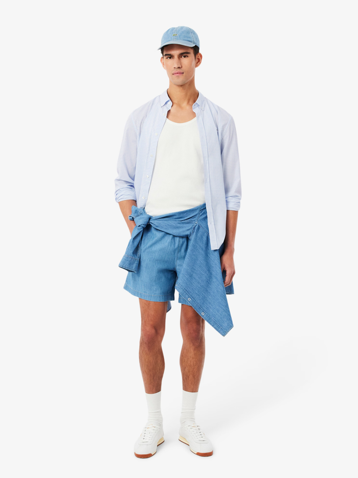 LACOSTE Regular Fit Lightweight Poplin Plaid Shirt White/Light Blue - MAISONDEFASHION.COM