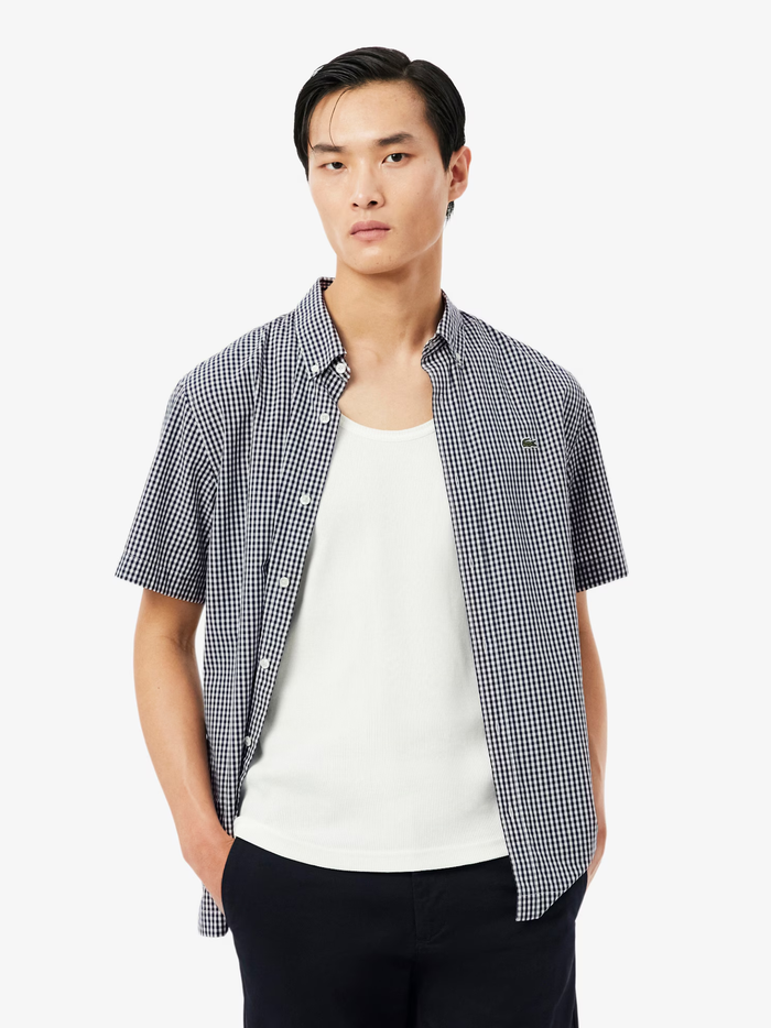 LACOSTE Regular Fit Lightweight Poplin Plaid Shirt White/Navy Blue - MAISONDEFASHION.COM