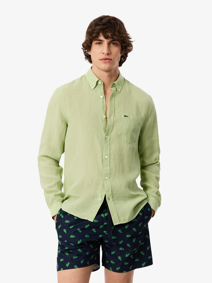 LACOSTE Regular Fit Linen Shirt Green - MAISONDEFASHION.COM