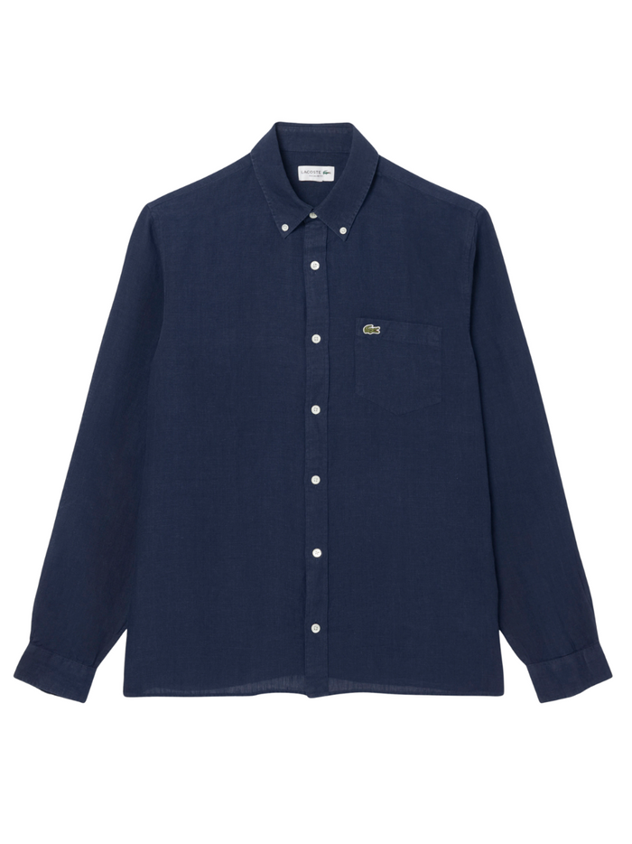 LACOSTE Regular Fit Linen Shirt in midnight blue - front view showing classic collar, button-up design and relaxed fit