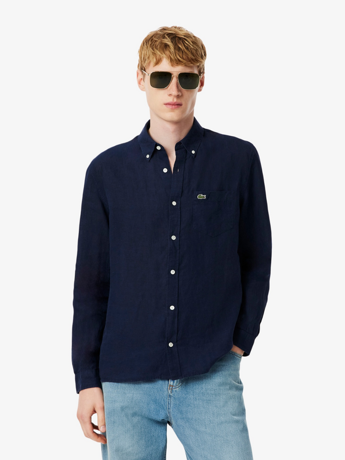LACOSTE Regular Fit Linen Shirt in midnight blue - back view displaying the shirt's regular fit silhouette and premium linen fabric