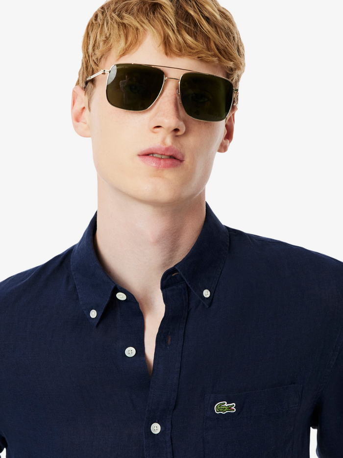 LACOSTE Regular Fit Linen Shirt in midnight blue - side view highlighting the comfortable regular fit and sleeve design