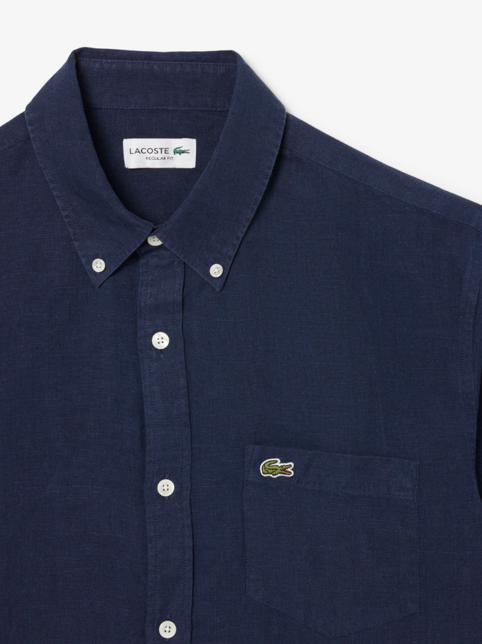 LACOSTE Regular Fit Linen Shirt in midnight blue - styled view showcasing the versatile and sophisticated dark blue colour