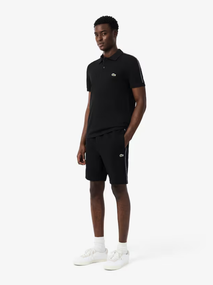 LACOSTE Regular Fit Logo Stripe Fleece Shorts Black - MAISONDEFASHION.COM