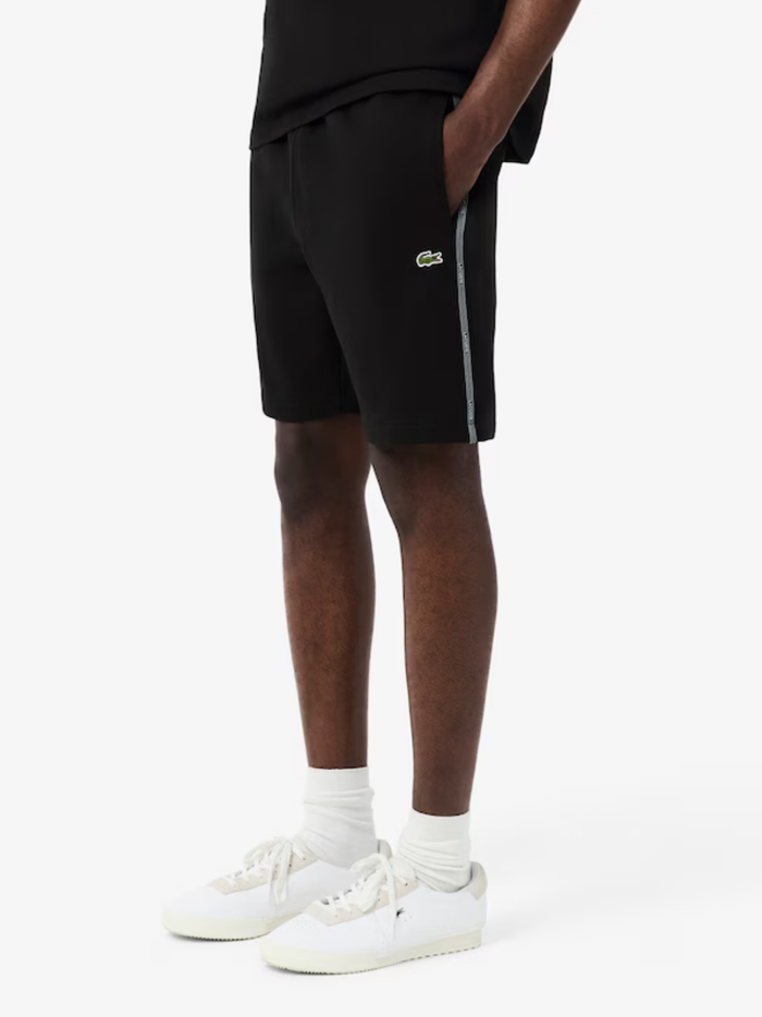 LACOSTE Regular Fit Logo Stripe Fleece Shorts Black - MAISONDEFASHION.COM