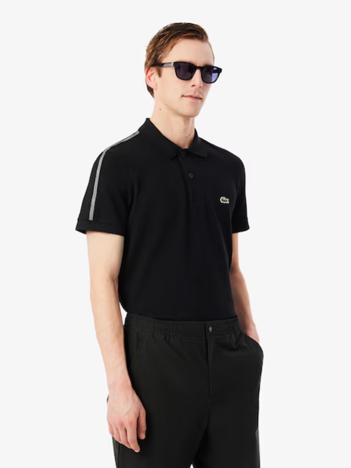 LACOSTE Regular Fit Logo Stripe Polo Shirt Black - MAISONDEFASHION.COM