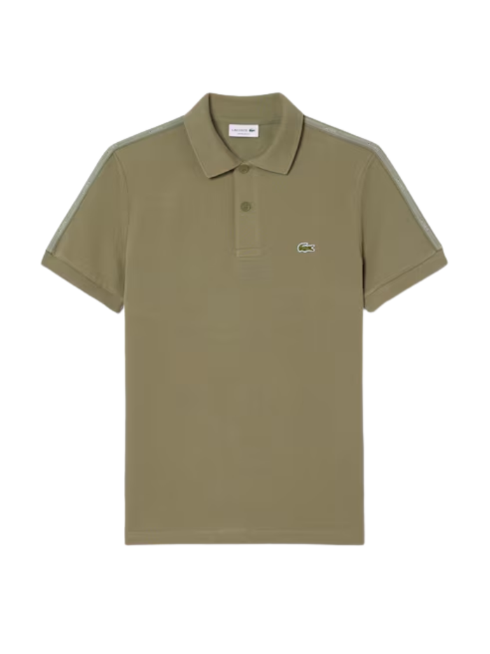 LACOSTE Regular Fit Logo Stripe Polo Shirt Khaki Green - MAISONDEFASHION.COM