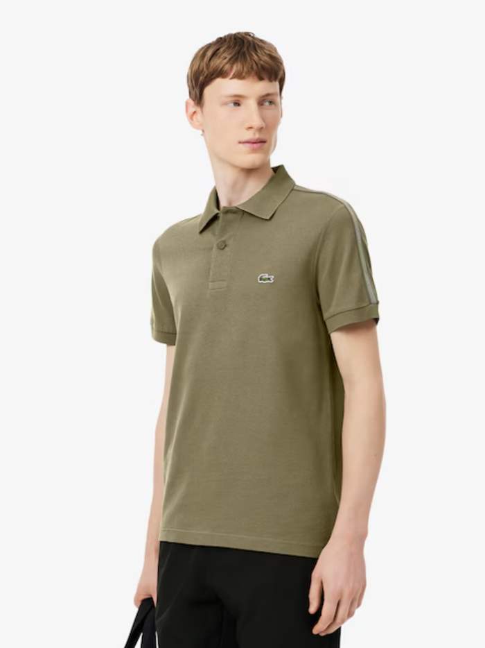 LACOSTE Regular Fit Logo Stripe Polo Shirt Khaki Green - MAISONDEFASHION.COM