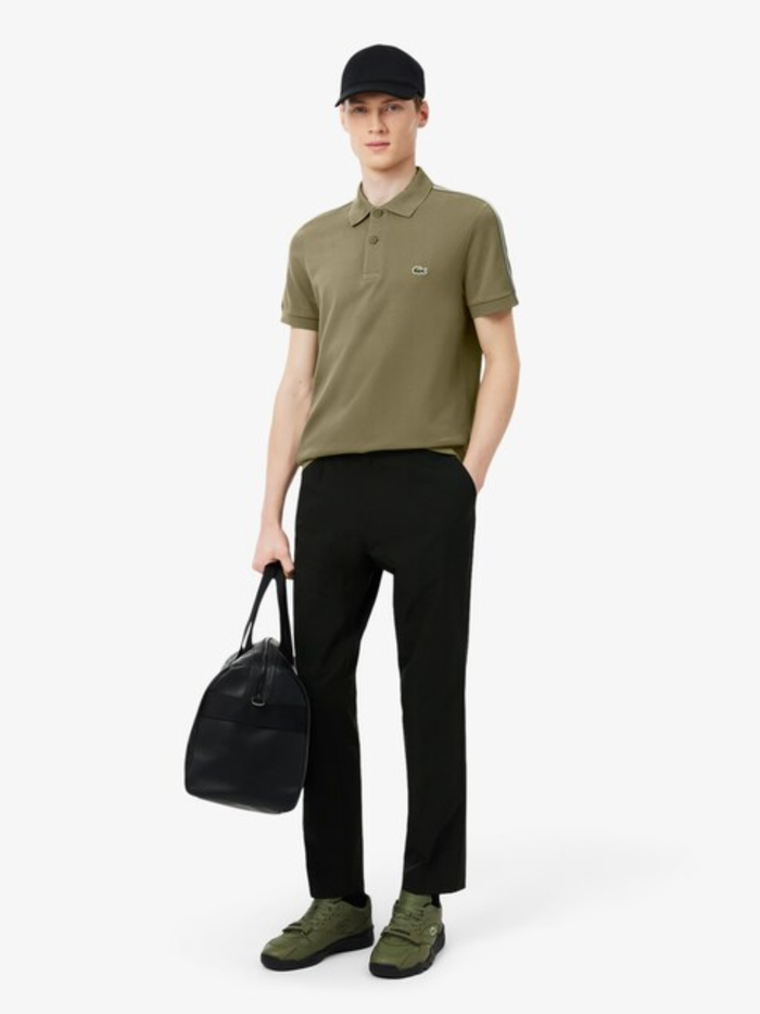LACOSTE Regular Fit Logo Stripe Polo Shirt Khaki Green - MAISONDEFASHION.COM